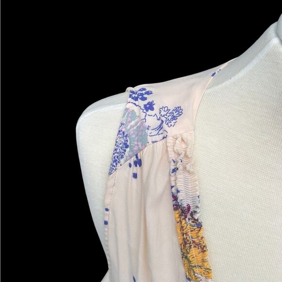 Free People Size Medium Powder Pink Floral Tiered Ruched Trim Empire Waist Tunic - Picture 2 of 13